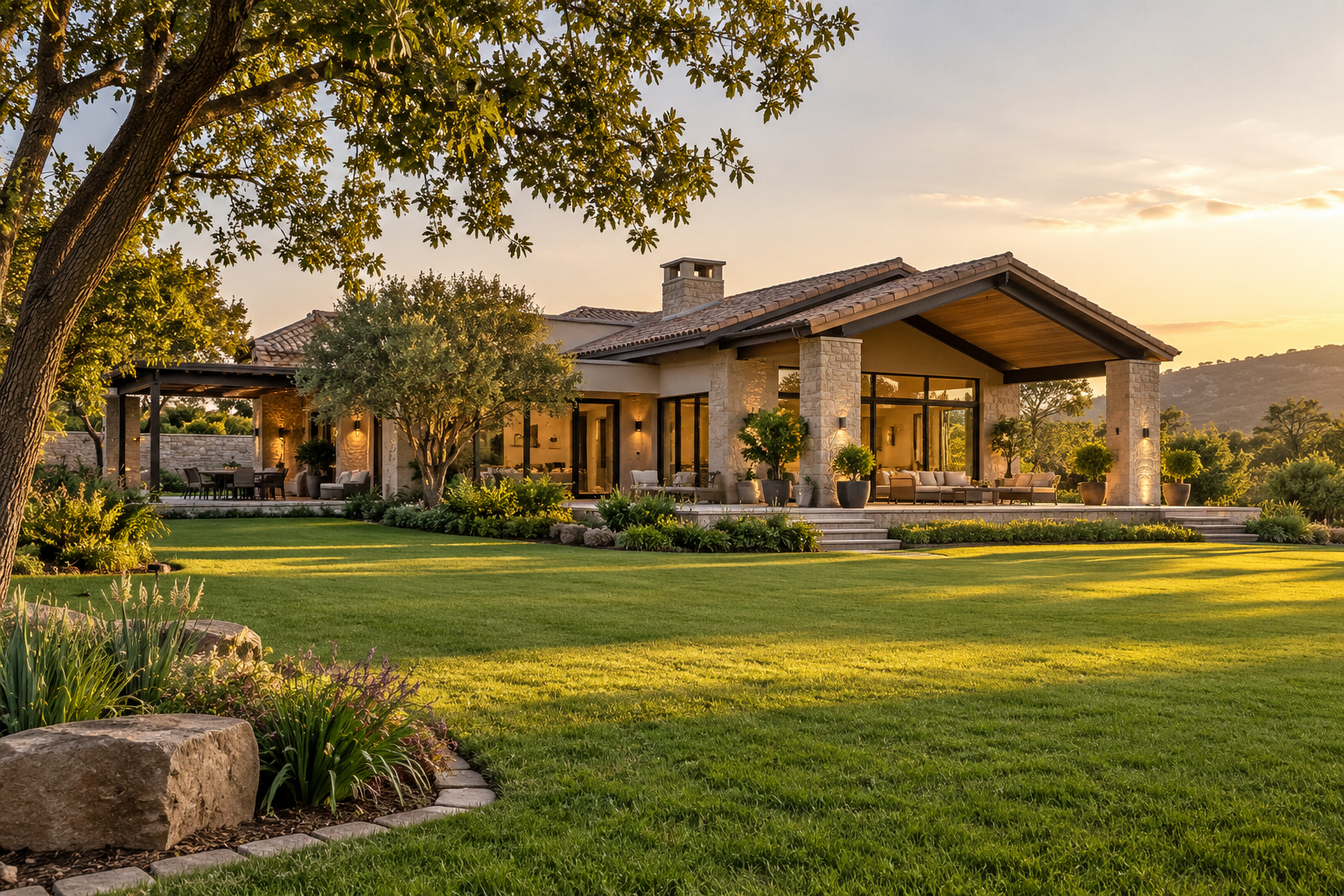 Luxury farmhouse with an expansive lawn and landscaped gardens