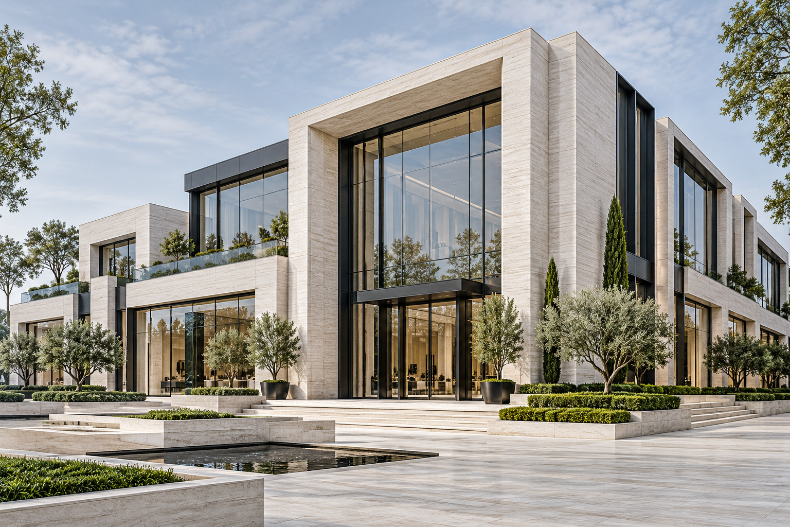Modern commercial building with glass frontage and landscaped surroundings