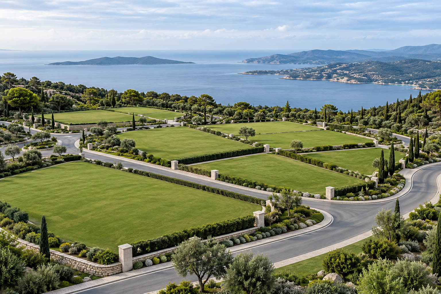 Aerial view of landscaped land plots with paved access roads