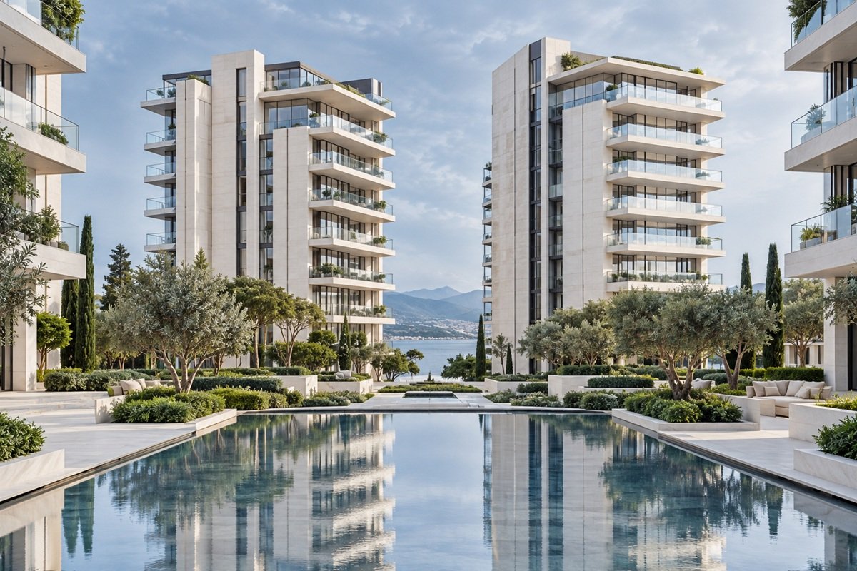 Luxury residential towers with landscaped gardens and a reflecting pool